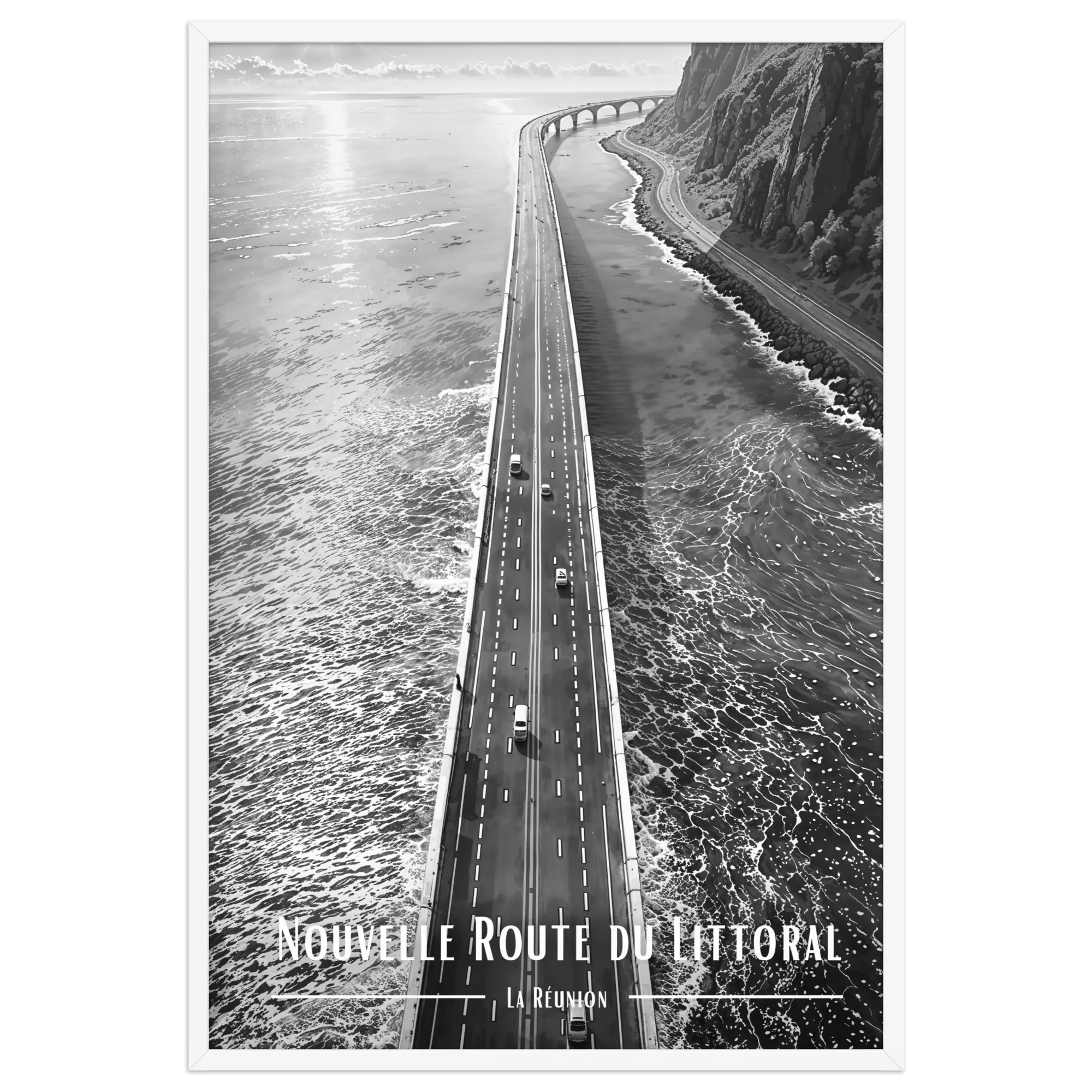 Affiche Nouvelle Route du Littoral Noir & Blanc 30 × 40 cm Blanc - Univile