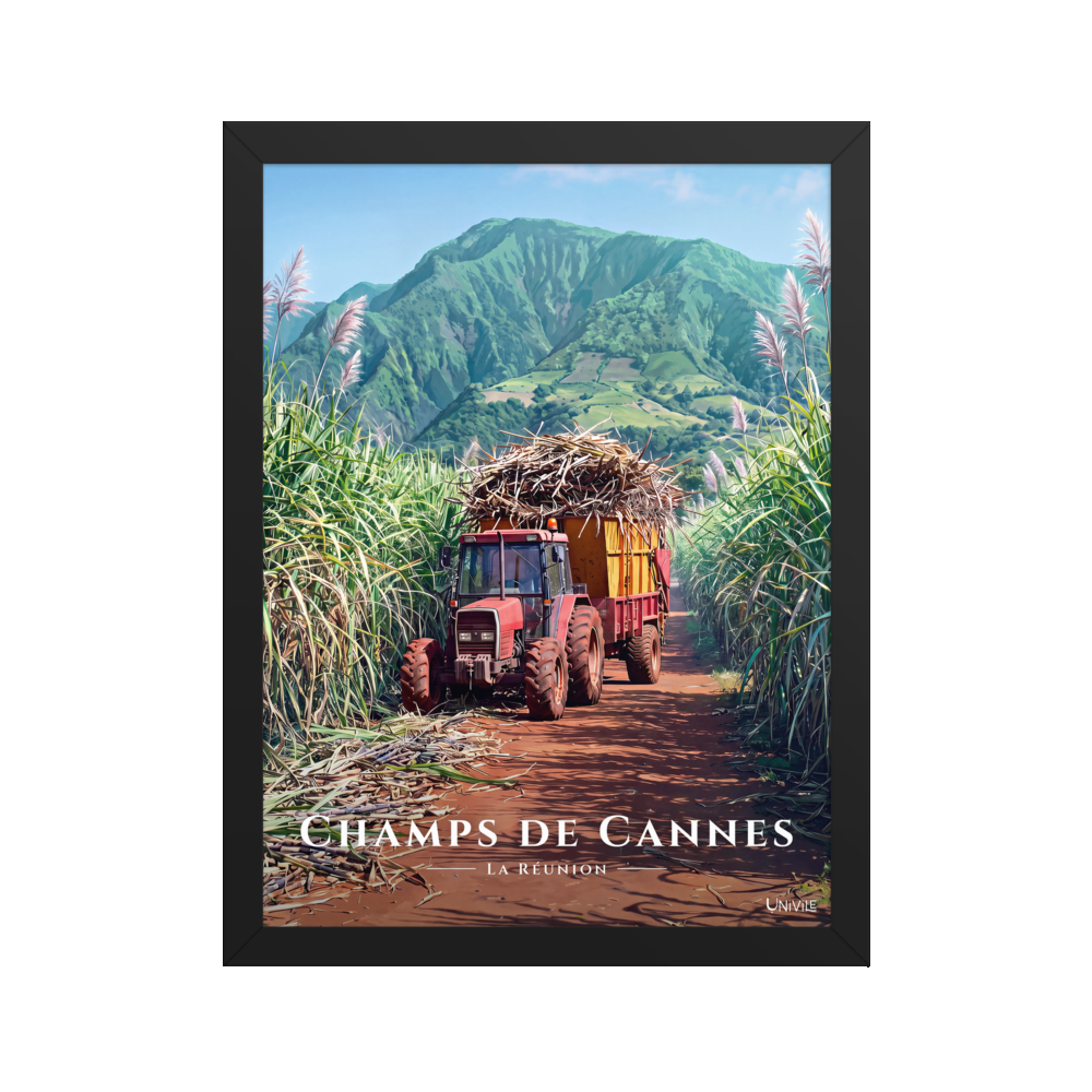 Affiche de La Réunion Tracteur dans les Champs de Cannes 30 × 40 cm / Noir - Univile La Réunion