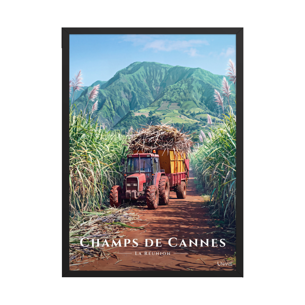 Affiche de La Réunion Tracteur dans les Champs de Cannes 50 × 70 cm / Noir - Univile La Réunion