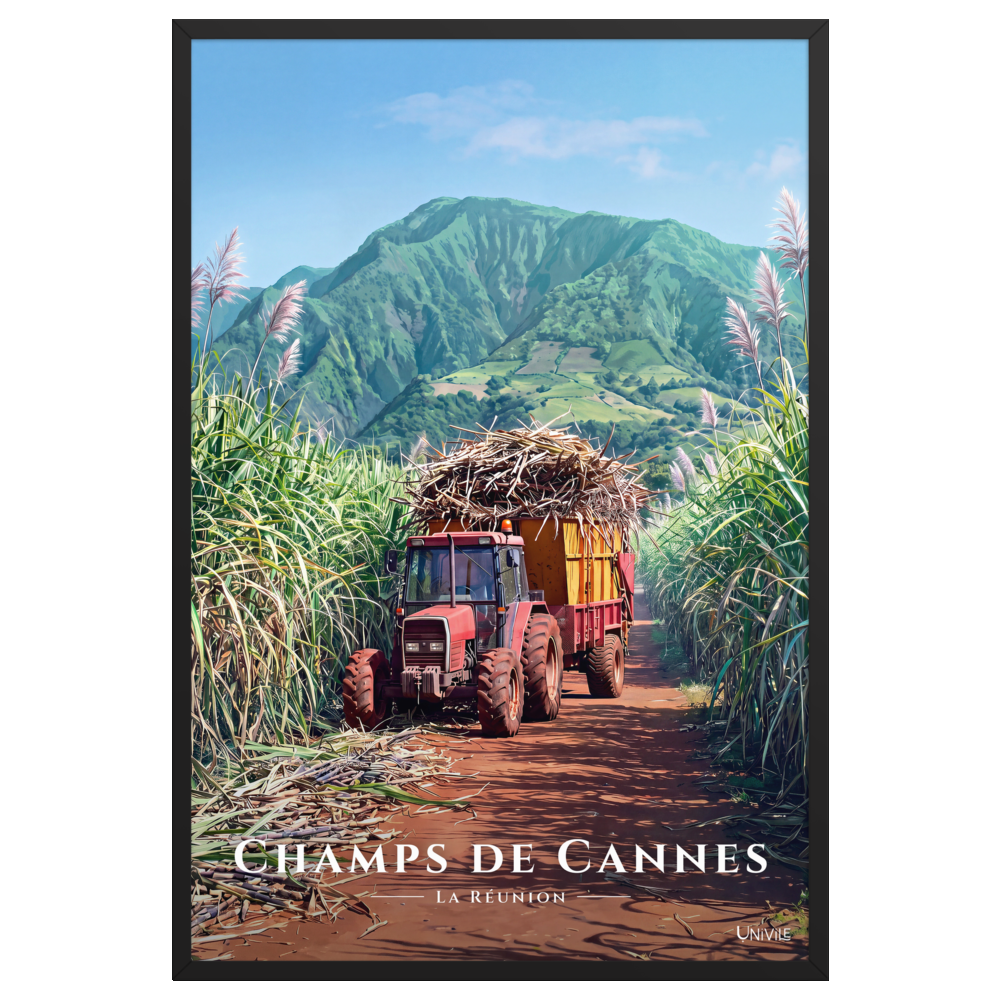 Affiche de La Réunion Tracteur dans les Champs de Cannes 61 × 91 cm / Noir - Univile La Réunion